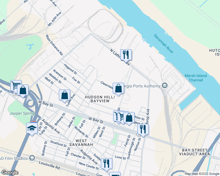 map of restaurants, bars, coffee shops, grocery stores, and more near 53 Clearview Avenue in Savannah