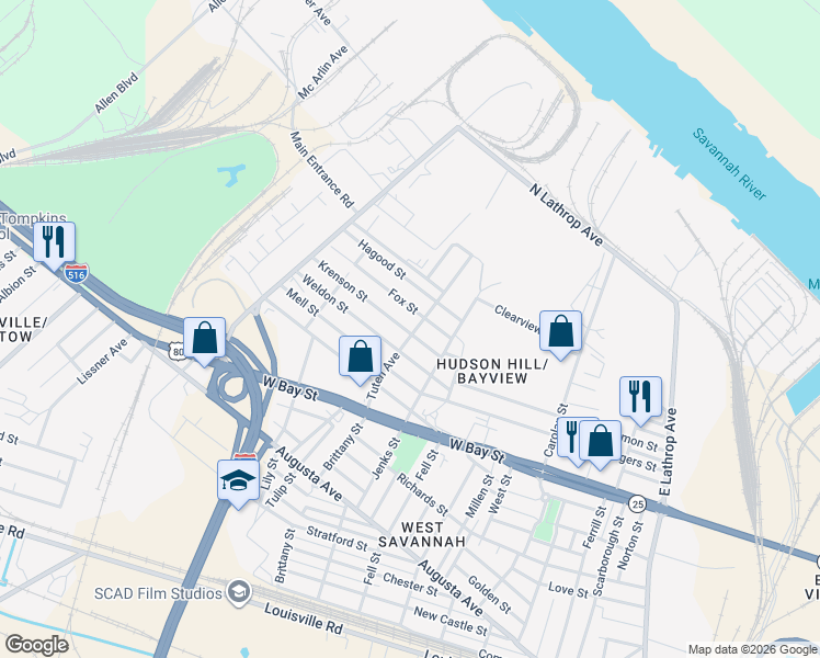 map of restaurants, bars, coffee shops, grocery stores, and more near 505 Tuten Avenue in Savannah