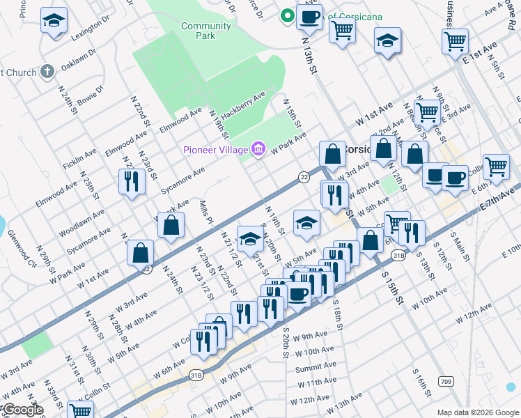 map of restaurants, bars, coffee shops, grocery stores, and more near 1002 West 2nd Avenue in Corsicana