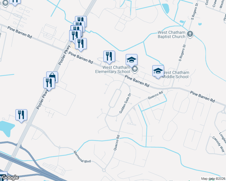 map of restaurants, bars, coffee shops, grocery stores, and more near 127 Brooklyn Way in Pooler
