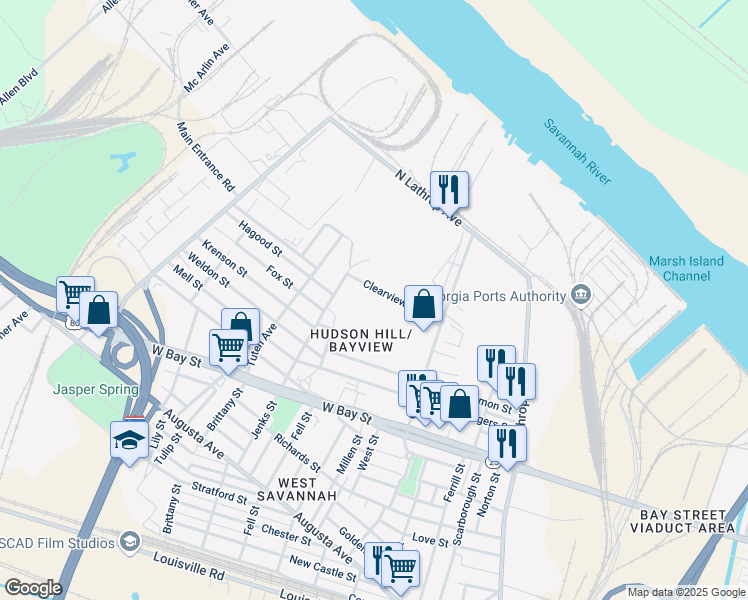 map of restaurants, bars, coffee shops, grocery stores, and more near 53 Clearview Avenue in Savannah