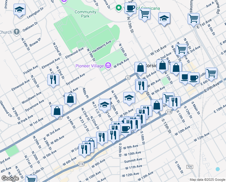map of restaurants, bars, coffee shops, grocery stores, and more near 1002 West 2nd Avenue in Corsicana