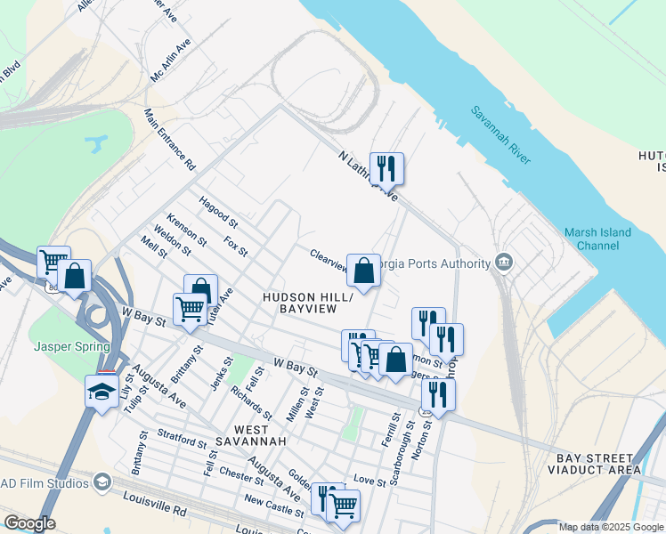 map of restaurants, bars, coffee shops, grocery stores, and more near 53 Clearview Avenue in Savannah