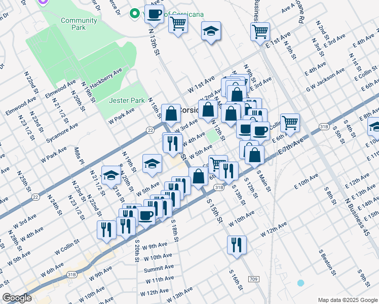 map of restaurants, bars, coffee shops, grocery stores, and more near 512 West 5th Avenue in Corsicana