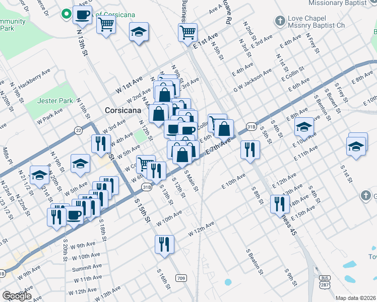map of restaurants, bars, coffee shops, grocery stores, and more near 110 West 6th Avenue in Corsicana