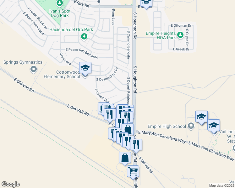 map of restaurants, bars, coffee shops, grocery stores, and more near 10193 East Desert Paradise Place in Tucson