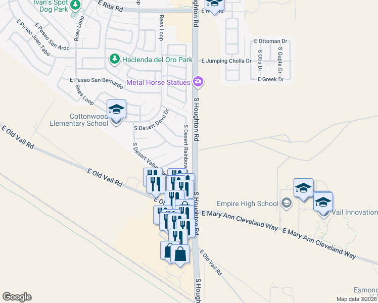 map of restaurants, bars, coffee shops, grocery stores, and more near 8765 South Desert Rainbow Drive in Tucson