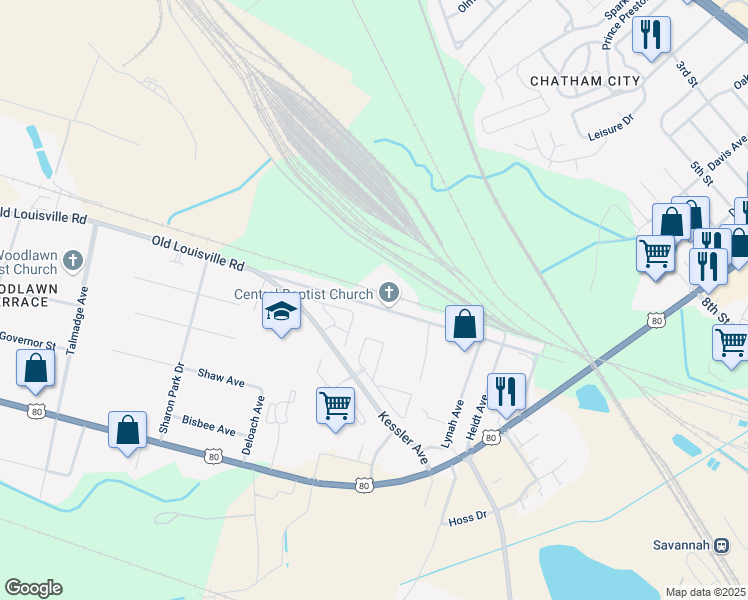 map of restaurants, bars, coffee shops, grocery stores, and more near 4024 Old Louisville Road in Garden City