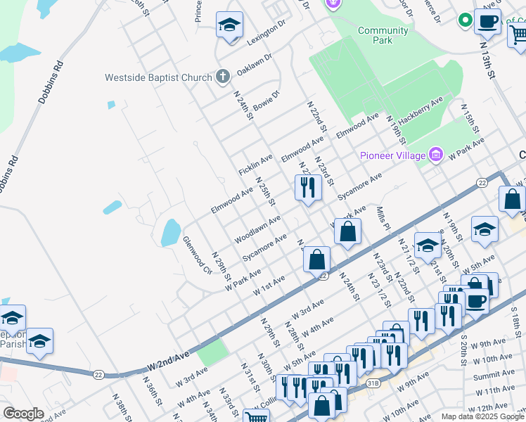 map of restaurants, bars, coffee shops, grocery stores, and more near 915 North 26th Street in Corsicana
