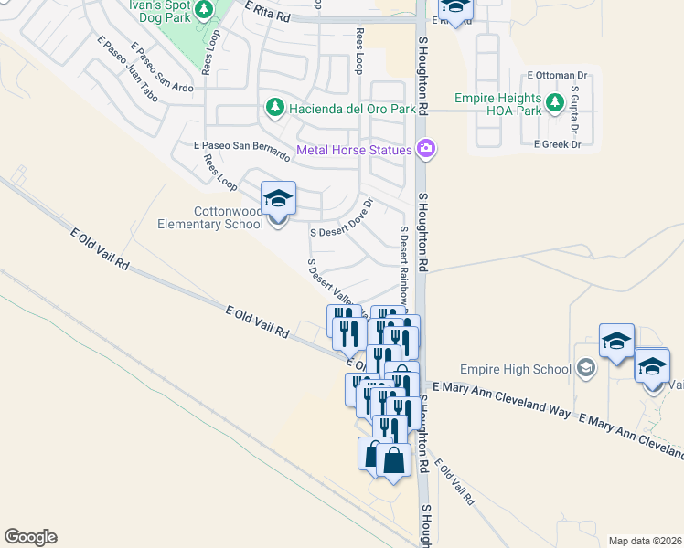 map of restaurants, bars, coffee shops, grocery stores, and more near 10126 East Desert Gorge Drive in Tucson
