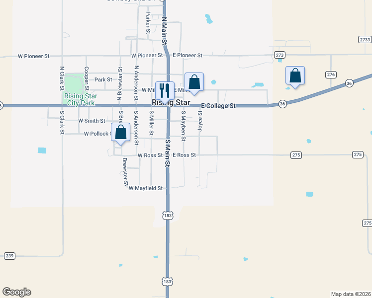 map of restaurants, bars, coffee shops, grocery stores, and more near 309 South Mayben Street in Rising Star
