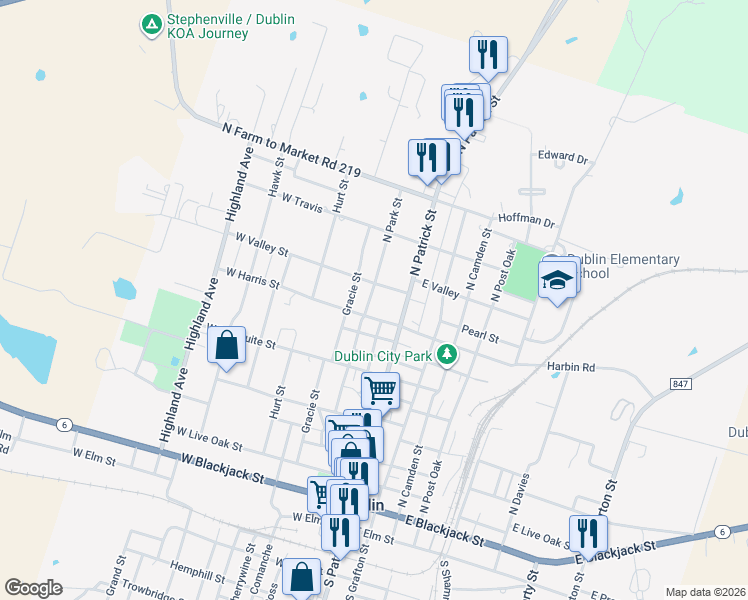 map of restaurants, bars, coffee shops, grocery stores, and more near 515 North Park Street in Dublin