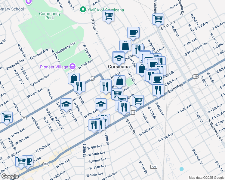 map of restaurants, bars, coffee shops, grocery stores, and more near 512 West 5th Avenue in Corsicana