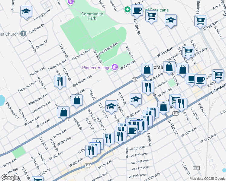 map of restaurants, bars, coffee shops, grocery stores, and more near 1002 West 2nd Avenue in Corsicana