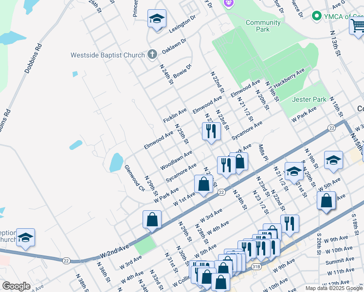 map of restaurants, bars, coffee shops, grocery stores, and more near 915 North 26th Street in Corsicana