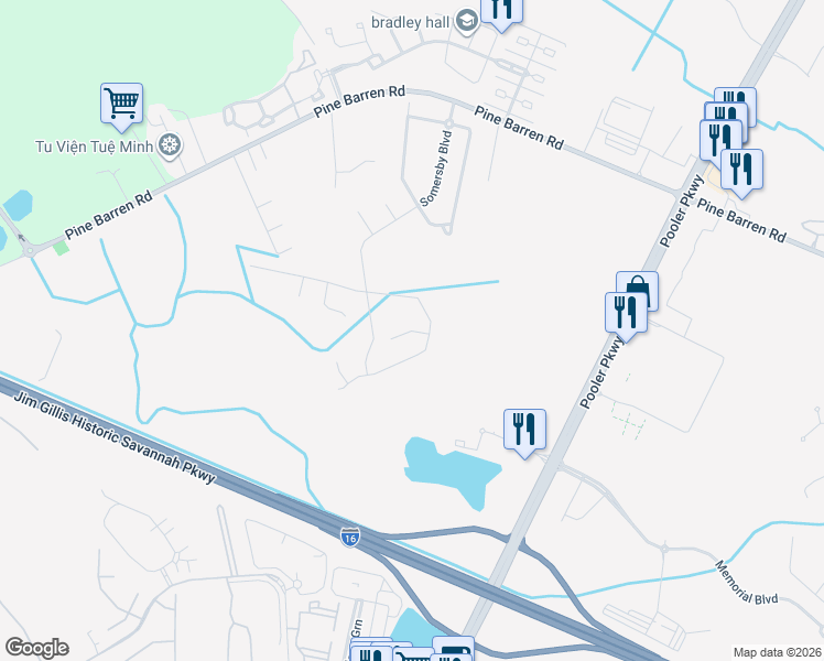 map of restaurants, bars, coffee shops, grocery stores, and more near Sand Valley Court in Pooler