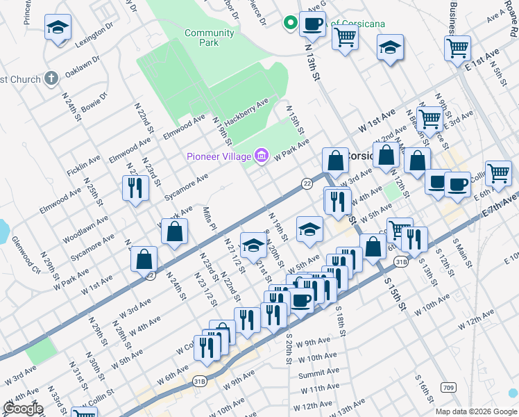 map of restaurants, bars, coffee shops, grocery stores, and more near 1002 West 2nd Avenue in Corsicana