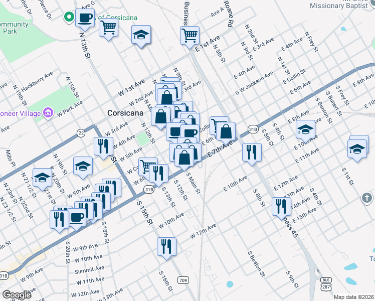 map of restaurants, bars, coffee shops, grocery stores, and more near 110 West 6th Avenue in Corsicana