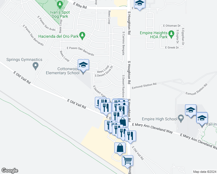 map of restaurants, bars, coffee shops, grocery stores, and more near 10166 East Desert Gorge Drive in Tucson