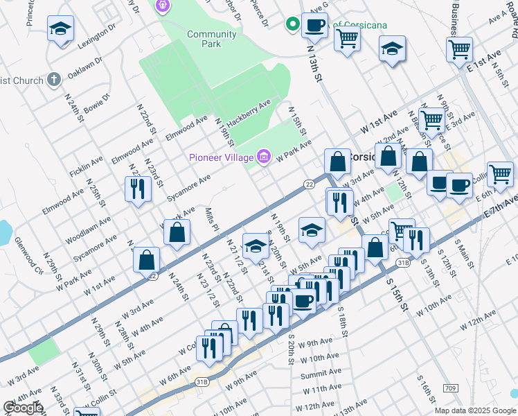 map of restaurants, bars, coffee shops, grocery stores, and more near 1002 West 2nd Avenue in Corsicana