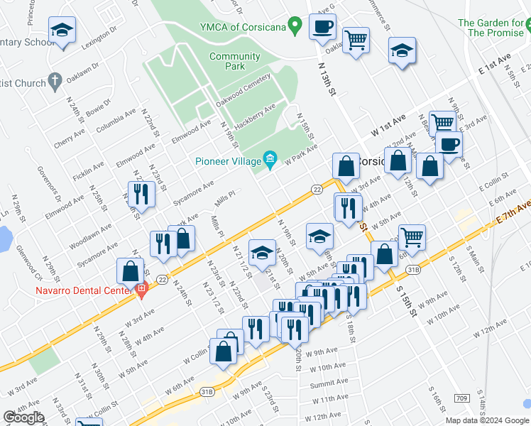 map of restaurants, bars, coffee shops, grocery stores, and more near 1002 West 2nd Avenue in Corsicana