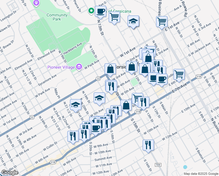 map of restaurants, bars, coffee shops, grocery stores, and more near 320 North 15th Street in Corsicana