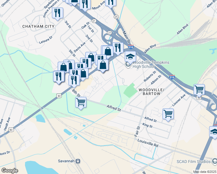 map of restaurants, bars, coffee shops, grocery stores, and more near 402 Market Street in Savannah