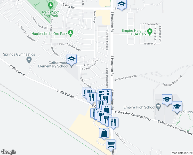 map of restaurants, bars, coffee shops, grocery stores, and more near 10190 East Desert Gorge Drive in Tucson
