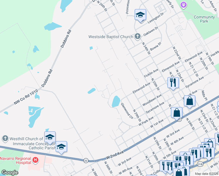 map of restaurants, bars, coffee shops, grocery stores, and more near 2105 Arcady Lane in Corsicana