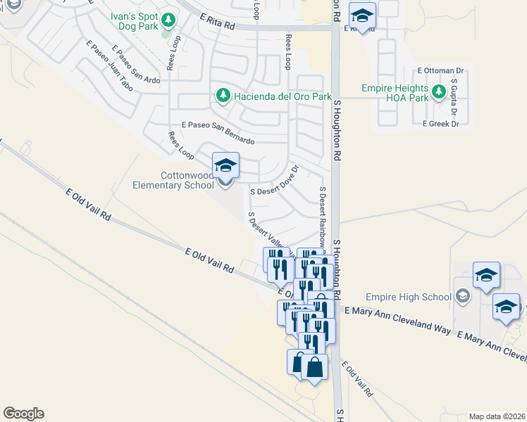 map of restaurants, bars, coffee shops, grocery stores, and more near 10126 East Desert Gorge Drive in Tucson