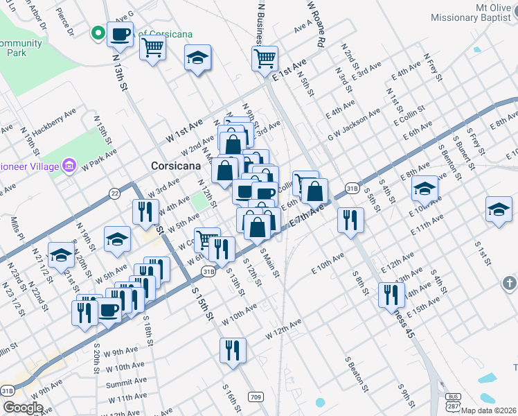 map of restaurants, bars, coffee shops, grocery stores, and more near 110 West 6th Avenue in Corsicana