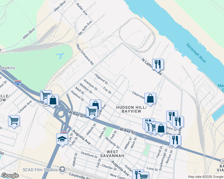 map of restaurants, bars, coffee shops, grocery stores, and more near 2111 Rankin Street in Savannah
