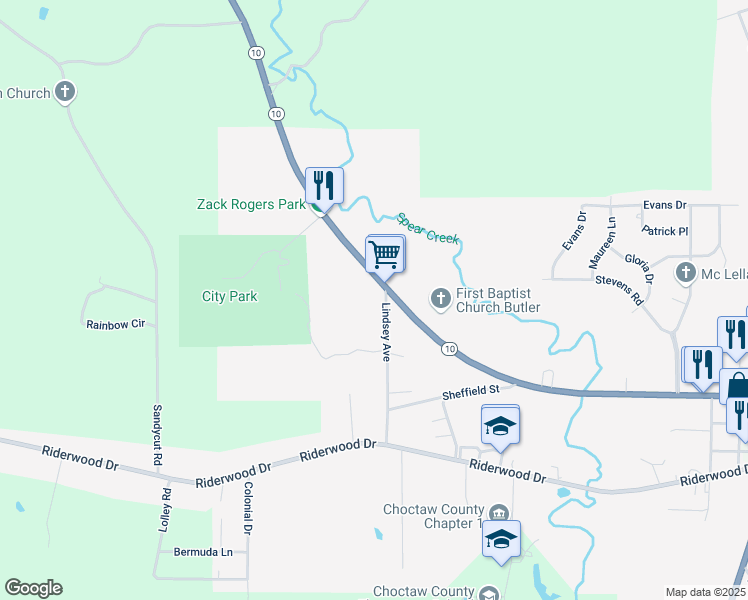 map of restaurants, bars, coffee shops, grocery stores, and more near 1293 West Pushmataha Street in Butler