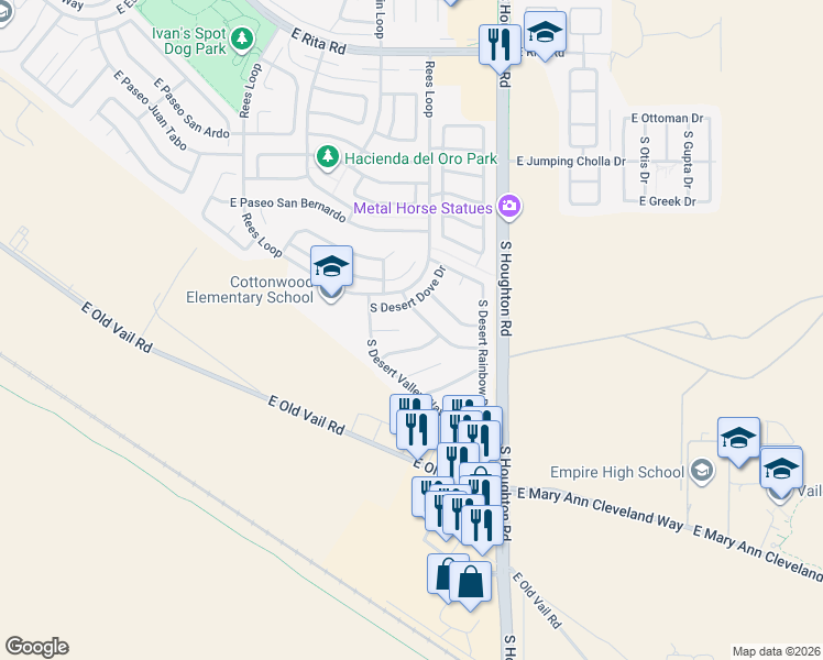map of restaurants, bars, coffee shops, grocery stores, and more near 10120 Desert Valley Place in Tucson