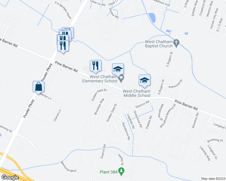 map of restaurants, bars, coffee shops, grocery stores, and more near 98 Golden Gate Drive in Pooler