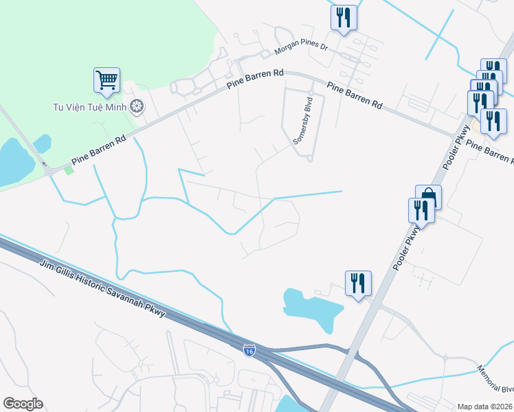 map of restaurants, bars, coffee shops, grocery stores, and more near 101 Riverwood Road in Pooler