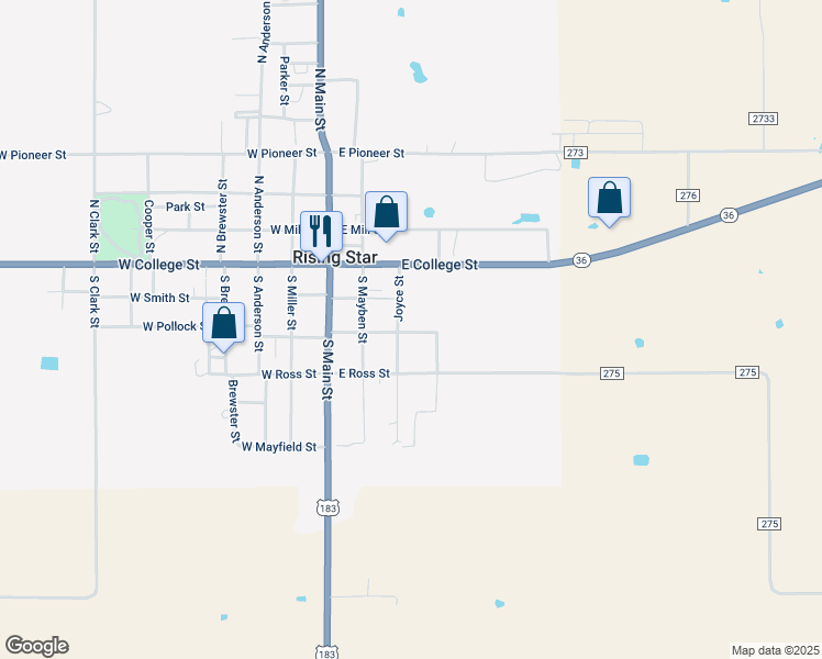 map of restaurants, bars, coffee shops, grocery stores, and more near 305 East Pollock Street in Rising Star