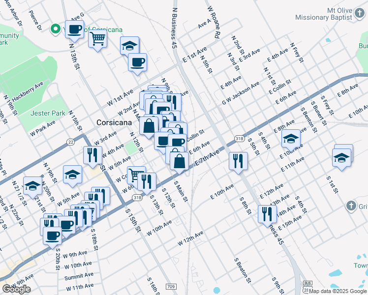 map of restaurants, bars, coffee shops, grocery stores, and more near 113 North Beaton Street in Corsicana
