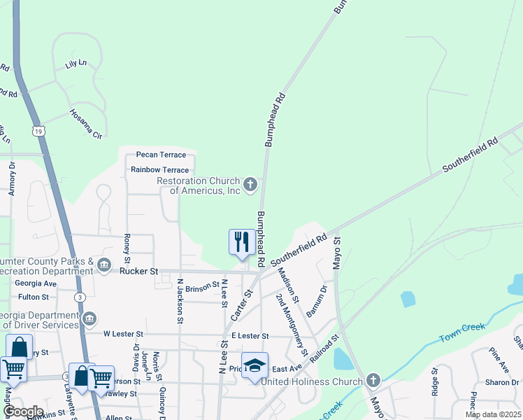 map of restaurants, bars, coffee shops, grocery stores, and more near 438 Bumphead Road in Americus