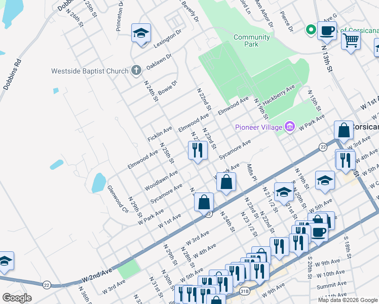 map of restaurants, bars, coffee shops, grocery stores, and more near 1500 Maplewood Avenue in Corsicana