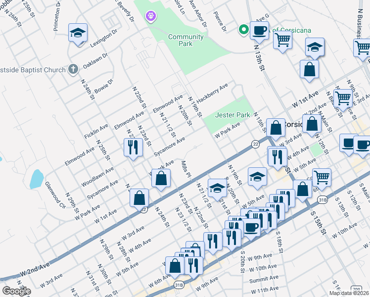 map of restaurants, bars, coffee shops, grocery stores, and more near 1200 Mills Place in Corsicana