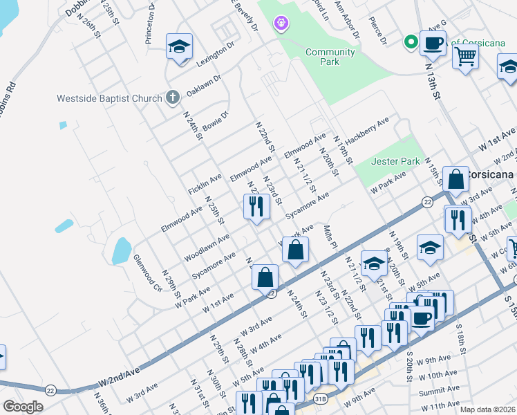 map of restaurants, bars, coffee shops, grocery stores, and more near 913 North 23 1/2 Street in Corsicana