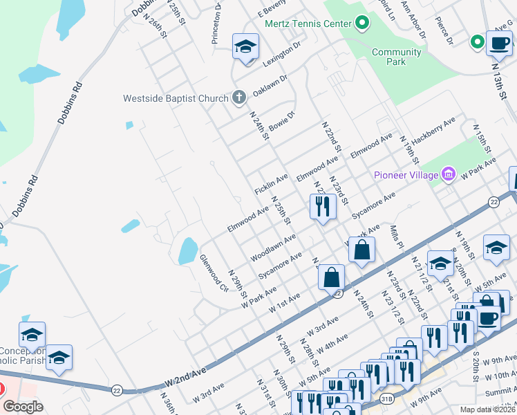 map of restaurants, bars, coffee shops, grocery stores, and more near 1700 Elmwood Avenue in Corsicana