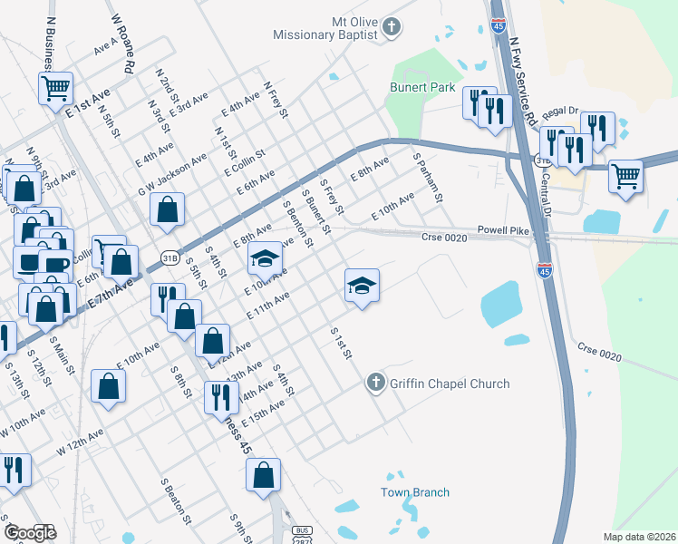 map of restaurants, bars, coffee shops, grocery stores, and more near 1205 East 11th Avenue in Corsicana