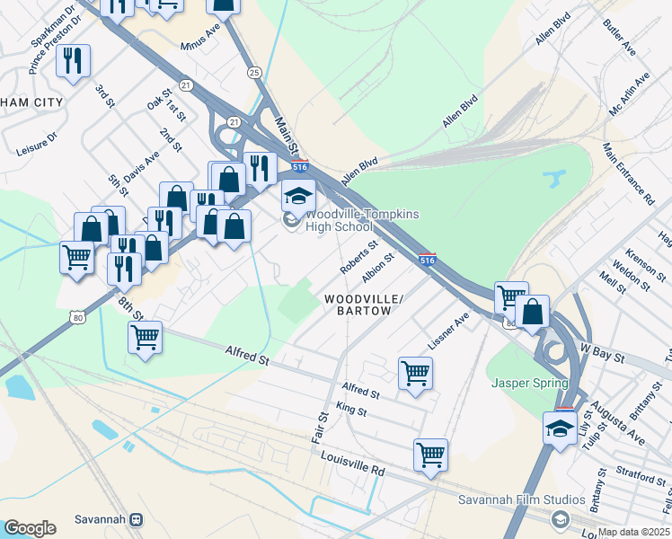 map of restaurants, bars, coffee shops, grocery stores, and more near 111 Roberts Street in Savannah