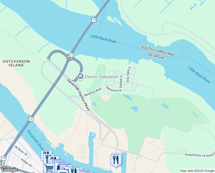 map of restaurants, bars, coffee shops, grocery stores, and more near 405 Reserve Way in Savannah