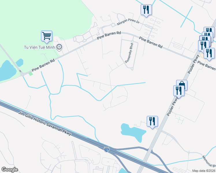 map of restaurants, bars, coffee shops, grocery stores, and more near 101 Riverwood Road in Pooler