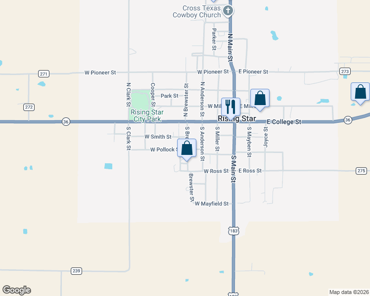 map of restaurants, bars, coffee shops, grocery stores, and more near 116 South Brewster Street in Rising Star