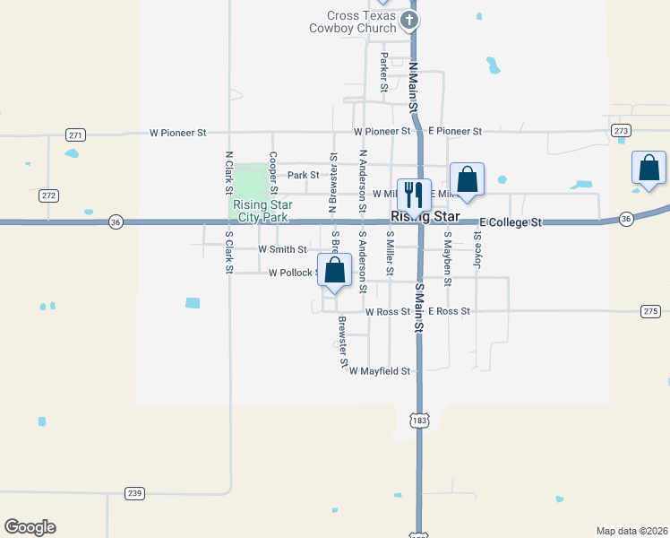 map of restaurants, bars, coffee shops, grocery stores, and more near 116 South Brewster Street in Rising Star