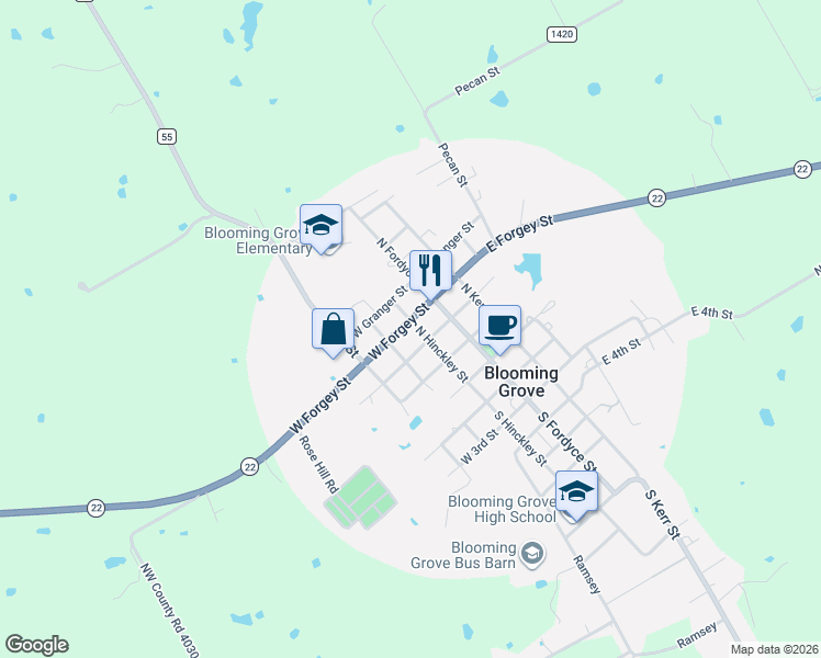 map of restaurants, bars, coffee shops, grocery stores, and more near 305 South Hinkley Street in Blooming Grove